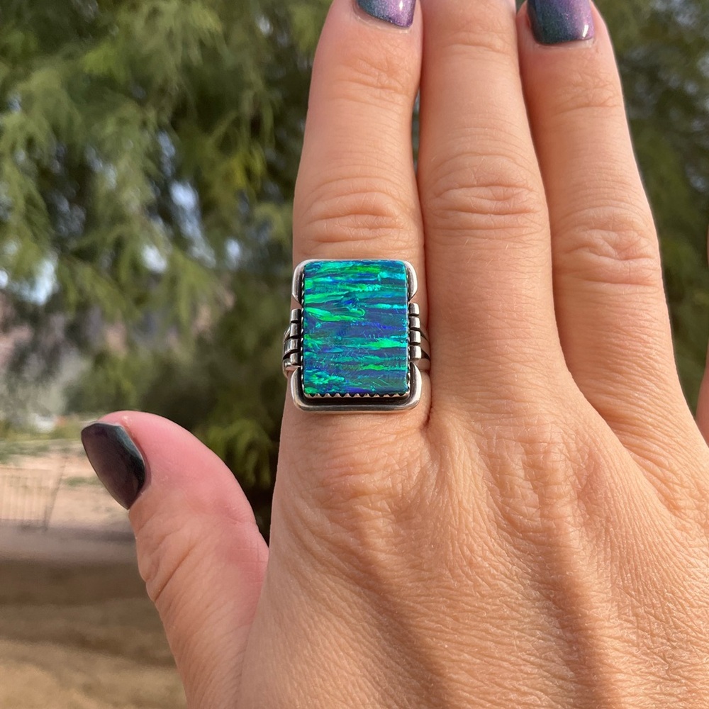 Native American Blue and Green Opal Ring - Picture 2 of 8